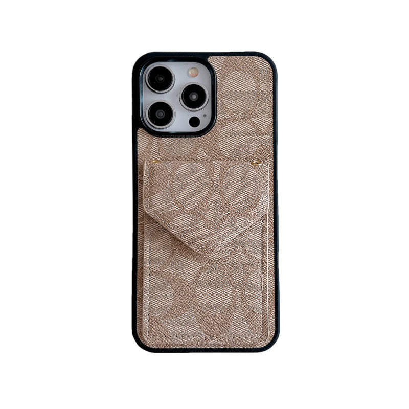 Klasické pouzdro na iPhone s držákem karty a popruhem světle hnědé -SJ240513
