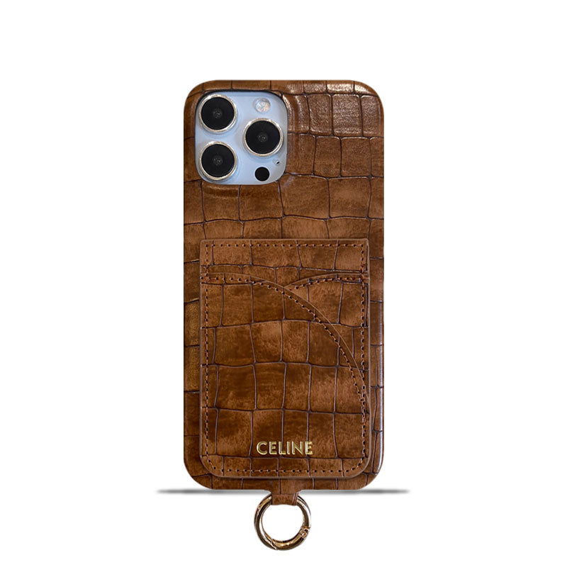 Custodia per iPhone Celine con stampa alligatore con porta carte e cinturino marrone -EYP241415