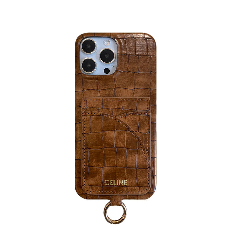 Custodia per iPhone Celine con stampa alligatore con porta carte e cinturino marrone -EYP241415
