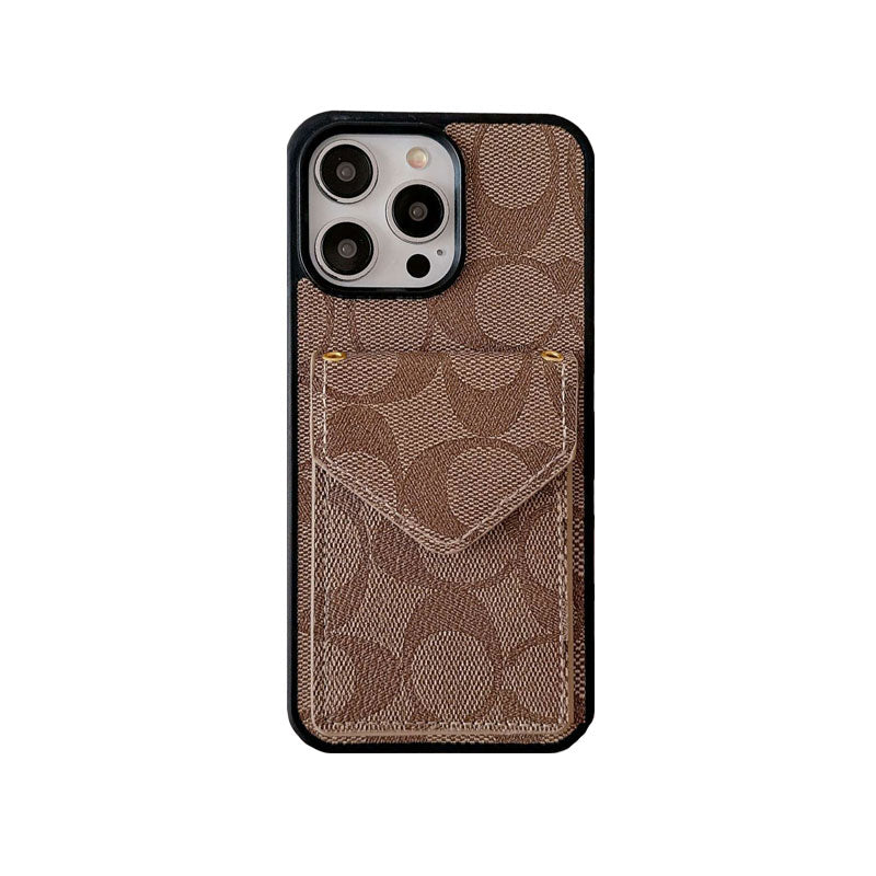 Klasické pouzdro na iPhone s držákem karty a popruhem světle hnědé -SJ240513