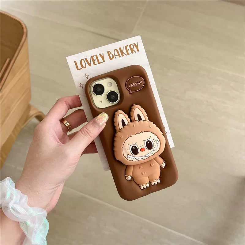 Roztomilý kreslený Labubu Zimomo silikon se stojánkem | Hnědý/růžový - obal na iPhone