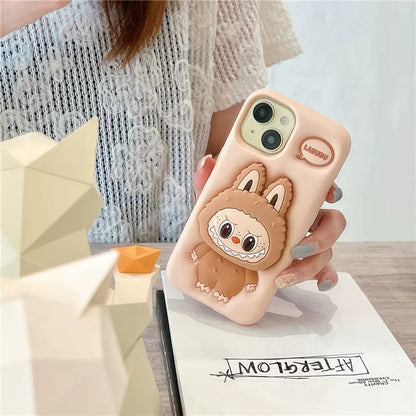 Roztomilý kreslený Labubu Zimomo silikon se stojánkem | Hnědý/růžový - obal na iPhone