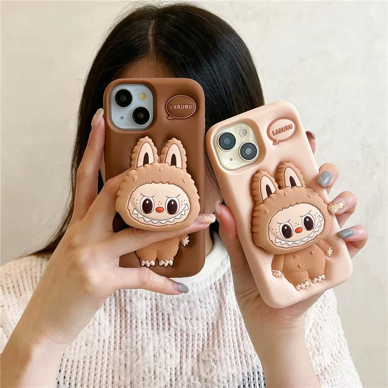 Roztomilý kreslený Labubu Zimomo silikon se stojánkem | Hnědý/růžový - obal na iPhone