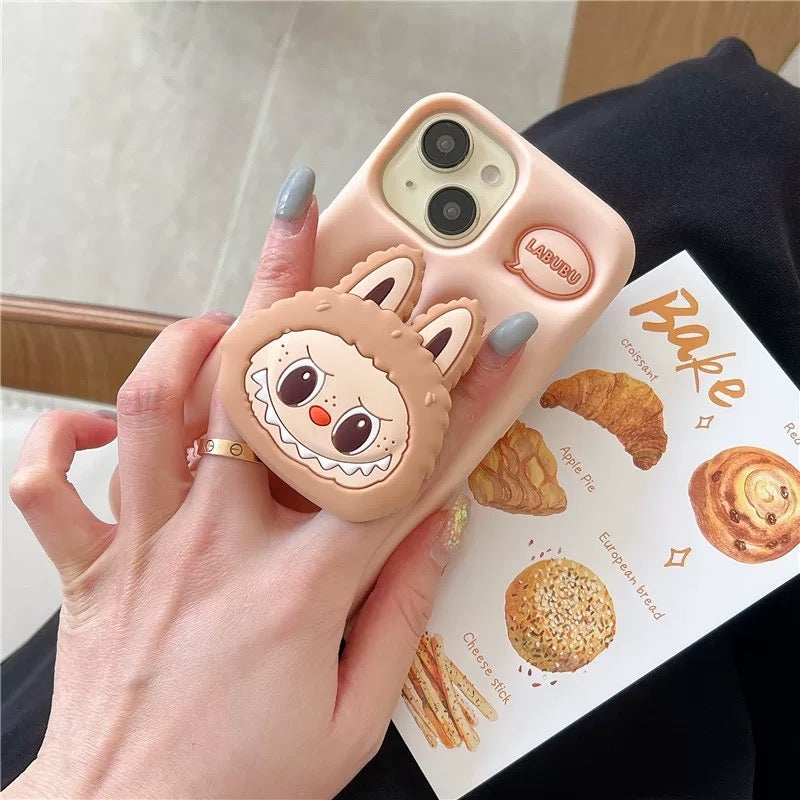 Roztomilý kreslený Labubu Zimomo silikon se stojánkem | Hnědý/růžový - obal na iPhone