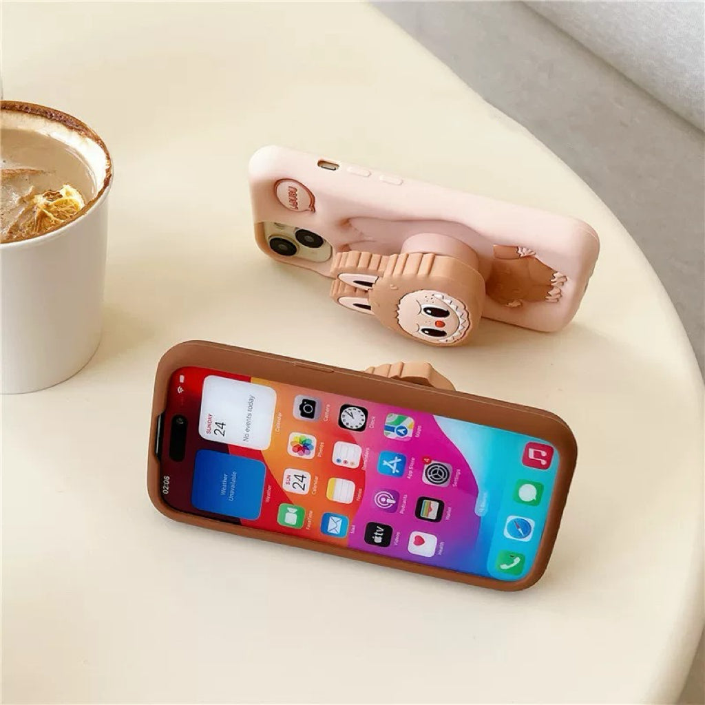 Roztomilý kreslený Labubu Zimomo silikon se stojánkem | Hnědý/růžový - obal na iPhone