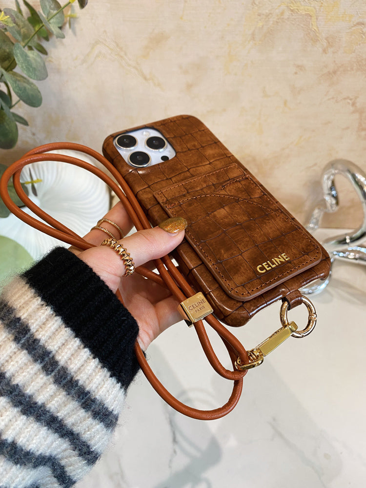 Custodia per iPhone Celine con stampa alligatore con porta carte e cinturino marrone -EYP241415