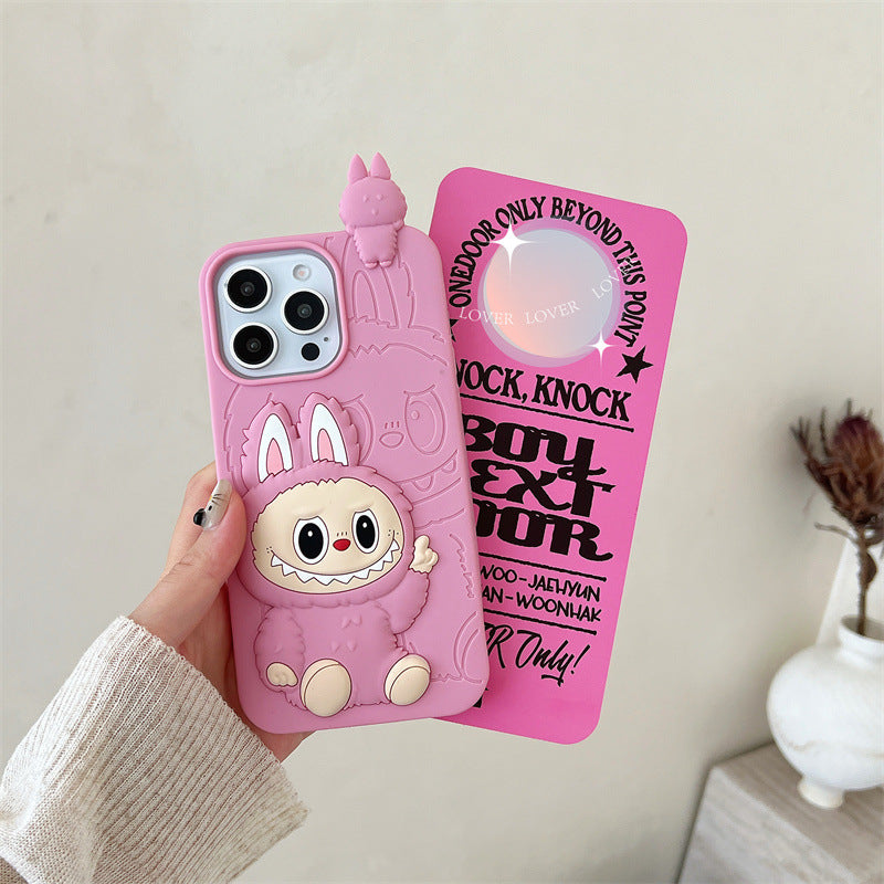 Roztomilé kreslené 3D silikonové pouzdro Labubu | Hnědorůžový - obal na iPhone