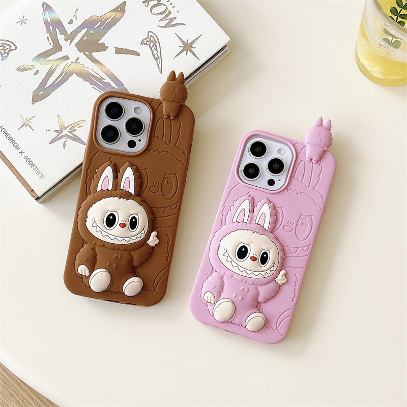 Roztomilé kreslené 3D silikonové pouzdro Labubu | Hnědorůžový - obal na iPhone