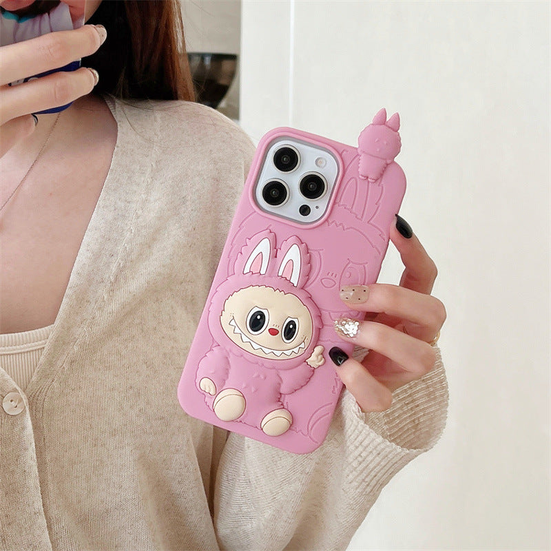 Roztomilé kreslené 3D silikonové pouzdro Labubu | Hnědorůžový - obal na iPhone