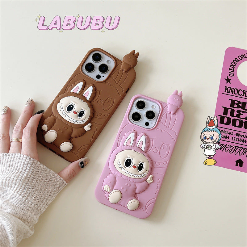 Roztomilé kreslené 3D silikonové pouzdro Labubu | Hnědorůžový - obal na iPhone