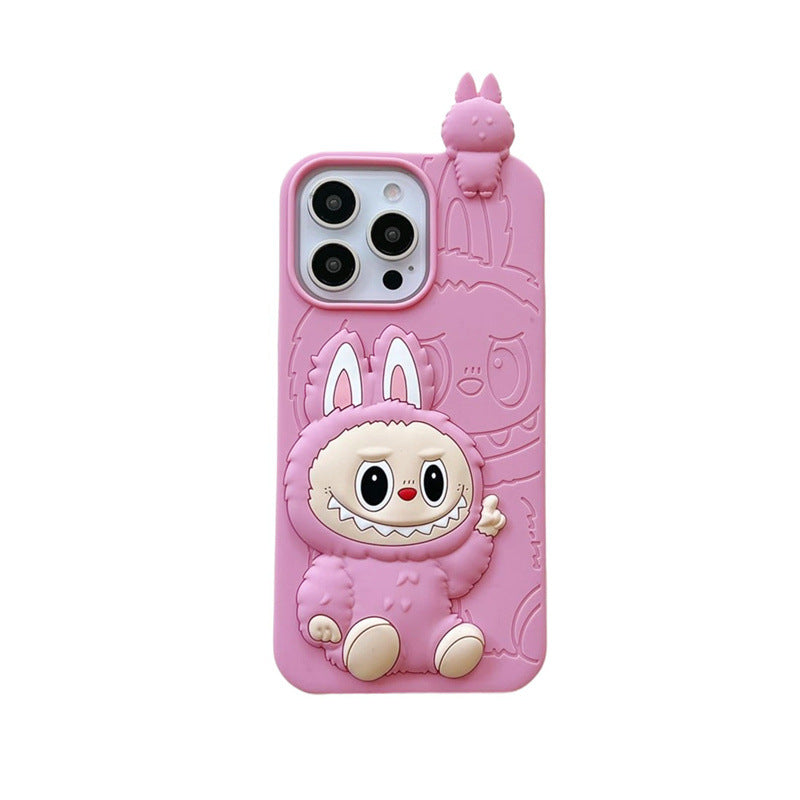 Roztomilé kreslené 3D silikonové pouzdro Labubu | Hnědorůžový - obal na iPhone
