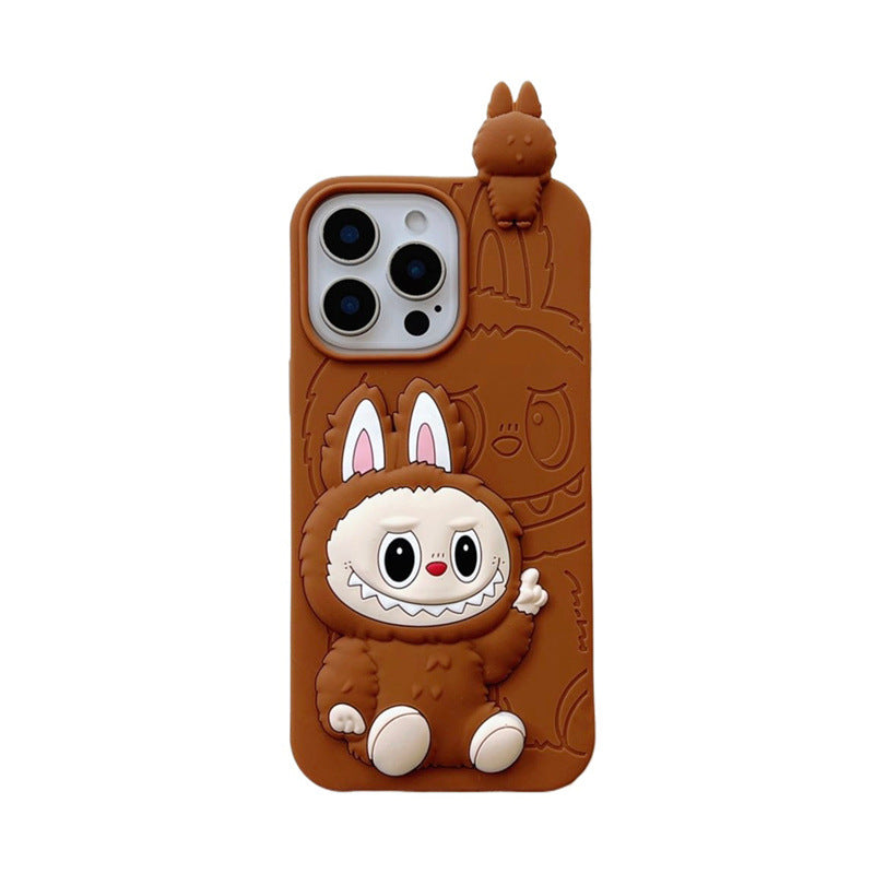 Roztomilé kreslené 3D silikonové pouzdro Labubu | Hnědorůžový - obal na iPhone
