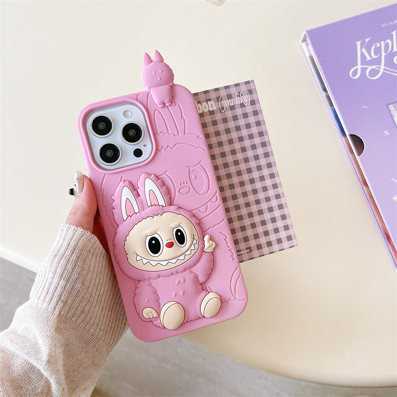 Roztomilé kreslené 3D silikonové pouzdro Labubu | Hnědorůžový - obal na iPhone