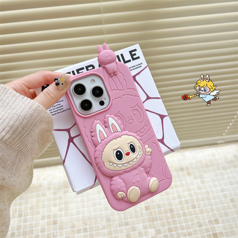 Roztomilé kreslené 3D silikonové pouzdro Labubu | Hnědorůžový - obal na iPhone