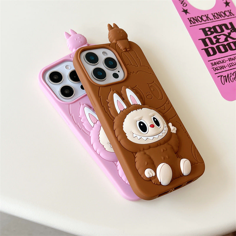 Roztomilé kreslené 3D silikonové pouzdro Labubu | Hnědorůžový - obal na iPhone