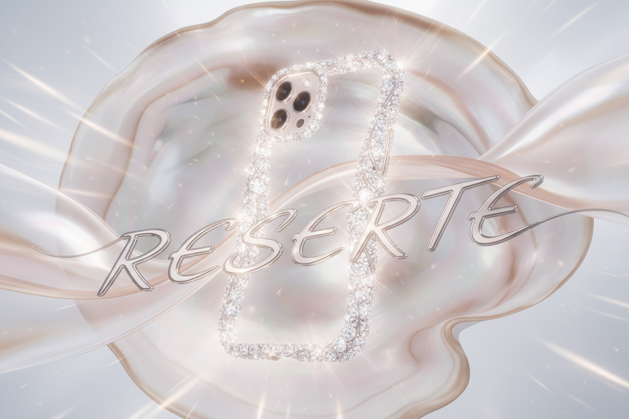 Artistic and bright luxury banner featuring the "RESERTE" iPhone 17 case. The case is a sleek band of diamonds, but the focus is on the luminous, pearlescent glow that emanates from its surface and the surrounding space. Imagine light passing through a precious shell, creating shifting hues of pearl white, soft pink, and pale gold in the background. The lighting is masterful and ethereal. The text “RESERTE” is integrated with a subtle metallic sheen. The atmosphere is luminous, dreamy, and lavishly soft. 3: