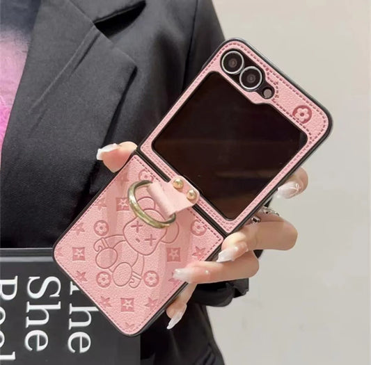 „Samsung Z Flip-Serie, faltbare Anti-Fall-Handyhülle aus Leder, mit Fingerring-Schnallendesign“